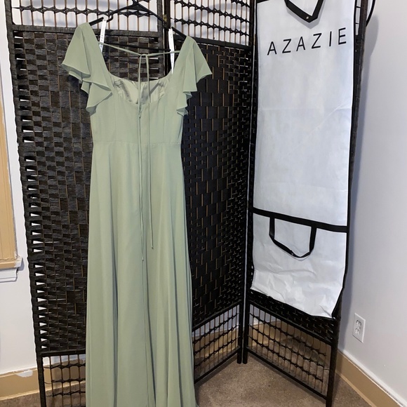 AZAZIE “Bondi” Pistachio A-Line Ruffled Chiffon Floor-Length Bridesmaid Dress - Picture 4 of 7